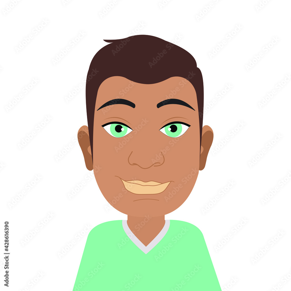 Avatar of a modern cute young guy with blue eyes. The character is isolated on a white background. Male image for printing on clothes, websites, applications. Vector graphics.