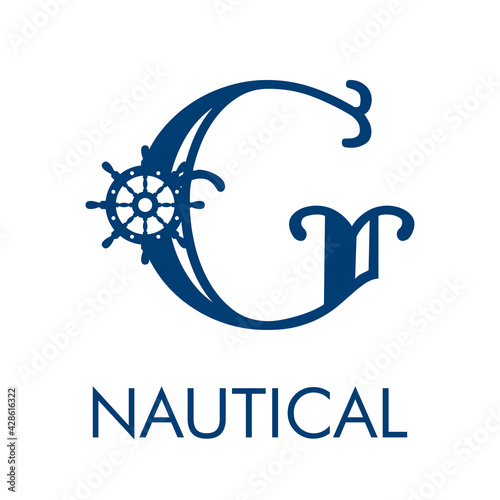Logotipo con letra inicial G vintage con timón de barco y texto Nautical en color azul