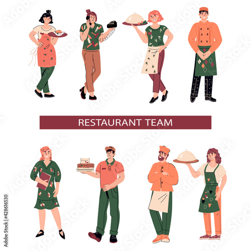 Restaurant or hotel, eatery kitchen staff characters set, flat vector illustration isolated on white background. Restaurant workers including waiters and cookers, hostess and delivery services.