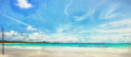 Sea waves wash over the beach. Clouds in the sky. Wide panoramic view. Artistic work