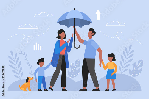 Family health insurance concept. Modern vector illustration of husband, wife and children with umbrella protection.