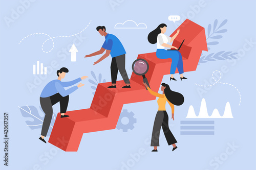Increase motivation and help in goal focus concept. Modern vector illustration of people support and teamwork with arrow profit. photo