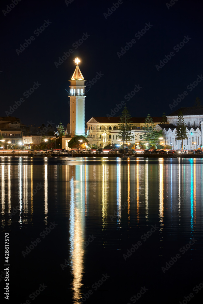 Port and orthodox cathedral in the capital of Zakynthos island at night