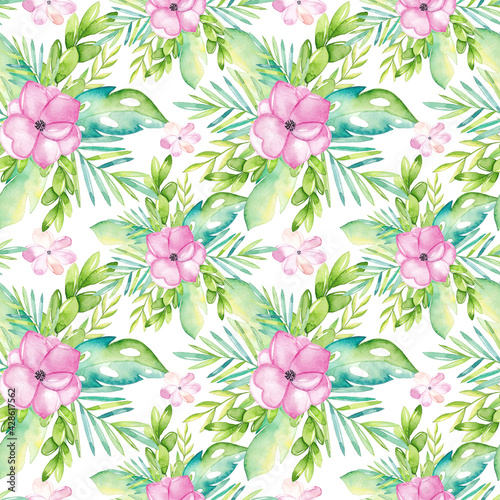 Watercolor tropical seamless pattern with flowers and leaves