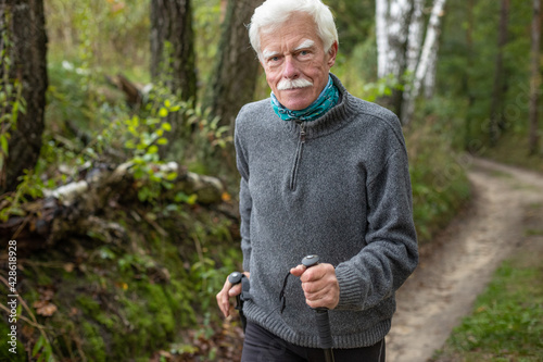 Fototapeta Naklejka Na Ścianę i Meble -  Handsome elderly man enjoying his nordic walking workout