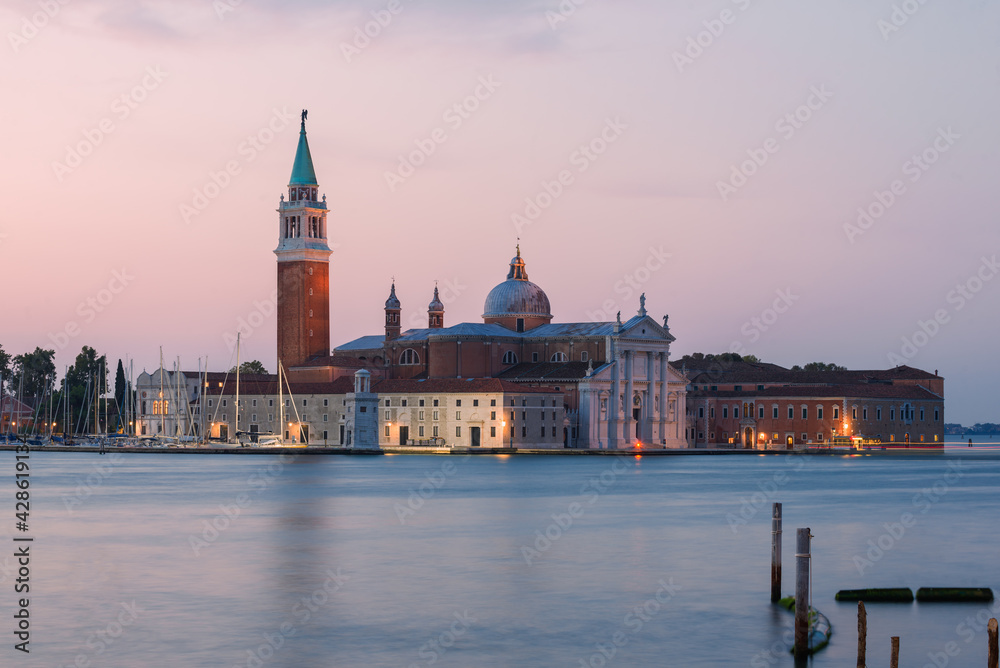 View of the Cathedral of San Giorgio Maggiore in the early September morning. Venice, Italy