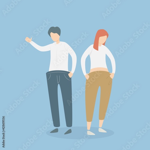 Weight health loss concept,weight loss consultation,after men and women diet,They have a better body shape,Old pants are loose,can not be worn,Good health and happy, vector illustration.