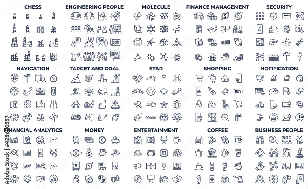 240 modern thin line icons. High quality pictograms. Linear icons set of Coffee, Engineering People, Entertainment, etc symbol template for graphic and web design collection logo vector