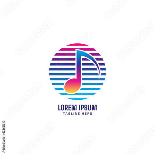 Quaver or Eight Note with Striped Ellipse vector illustration. Synthwave Musical Note logo concept isolated on white color background. Multicolor gradient
