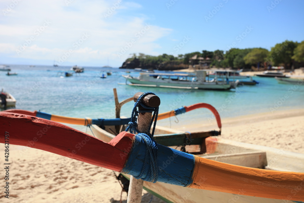 Boats parked on the beach on Lembongan Island, Indonesia