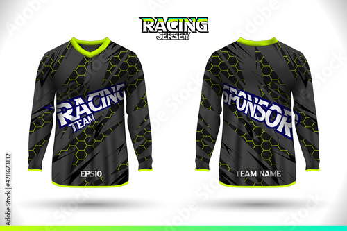 Long sleeve sports racing suit. Front back t-shirt design. Templates for team uniforms. Sports design for football, racing, gaming jersey. Vector. photo