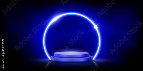 Glowing neon blue circle with sparkles in fog on podium. Abstract round electric light frame on black background. Geometric fashion design vector illustration. Empty minimal ring art decoration