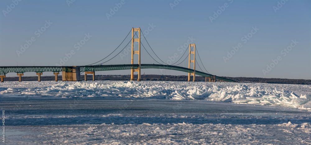 Panoramic view of Mackinac bridge in winter time