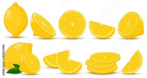Set of lemons. A whole lemon, half, a piece and a slice of lemon. Fruit isolated on a white background. Stock vector illustration in cartoon style, flat design