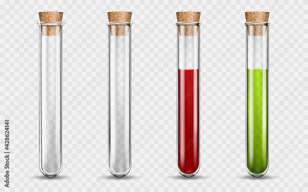 Transparent medical glass tube set, colored liquids in test tube with caps, blood in a glass test tube. Realistic 3d vector illustration on transparent background. Transparent medical glass tube set, colored liquids in test tube with caps, blood in a glass test tube. Realistic 3d vector illustration on transparent background.