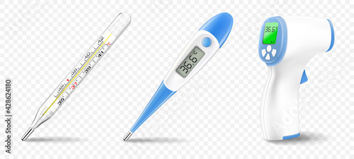 Set of realistic thermometers. Various types of medical devices that measure human body temperature, mercury, glass, plastic, electronic and non-contact. Medical diagnostic tool. 3d vector