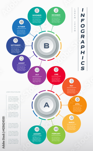 Annual business development plan, divided into 2 half-years of 6 months. Layout of the original calendar design. Vertical infographic of 12 parts with icons.