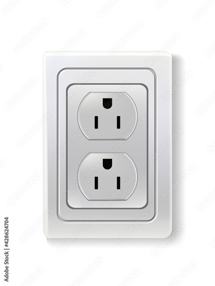 Double outlet or socket. Electric power connector for plugs or power at home vector illustration. Household plastic device for energy and light production isolated on white background Double outlet or socket. Electric power connector for plugs or power at home vector illustration. Household plastic device for energy and light production isolated on white background