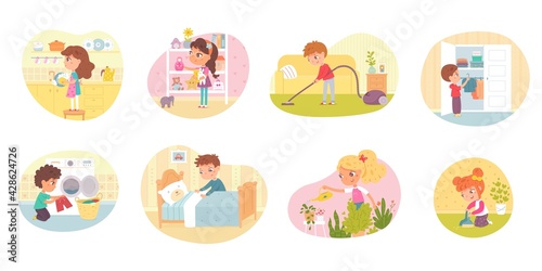 Children helping with housework set. Boys and girls help washing dishes, vacuum cleaning, putting toys and clothes in order, doing laundry, making bed, watering plants vector illustration