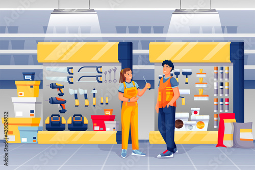 People in hardware shop. Woman assistant standing and talking to man vector illustration. Tools and materials store interior design panorama with drills, toolkits, hammers, screwdrivers
