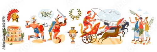 Ancient Roman empire people and elements set. Rome history and culture vector illustration. Gladiators fighting, Colosseum, women, man in cart with horses, amphora on white background