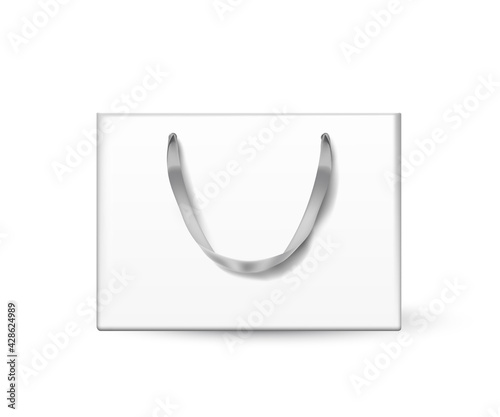 White cardboard bag. Blank gift or shopping package with ribbon handle vector illustration. Realistic commercial store carton bag isolated on white background.