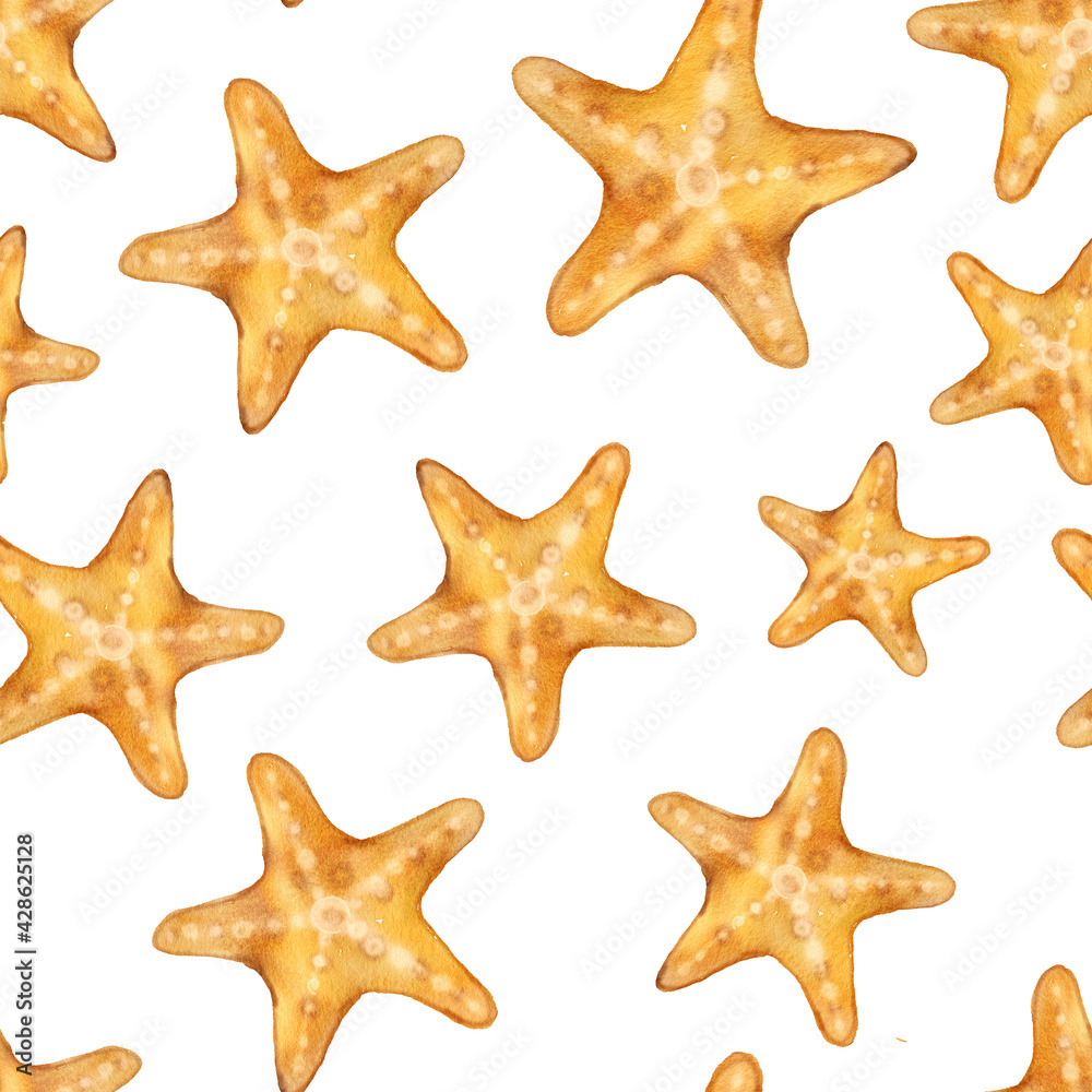 Watercolor seamless pattern with yellow starfish on a white background Watercolor seamless pattern with yellow starfish on a white background