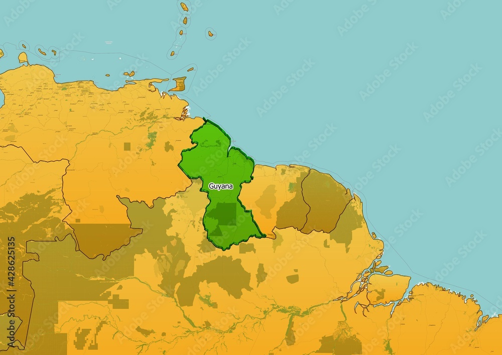 Obraz premium Guyana map showing country highlighted in green color with rest of African countries in brown