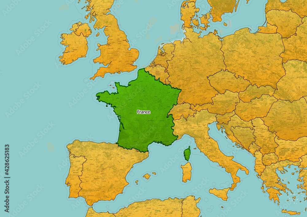 Fototapeta premium France map showing country highlighted in green color with rest of European countries in brown