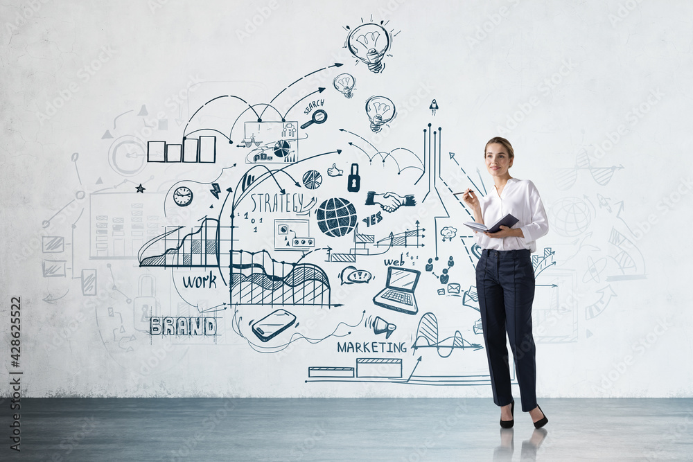 Businesswoman with notebook and business strategy sketch on concrete wall Businesswoman with notebook and business strategy sketch on concrete wall