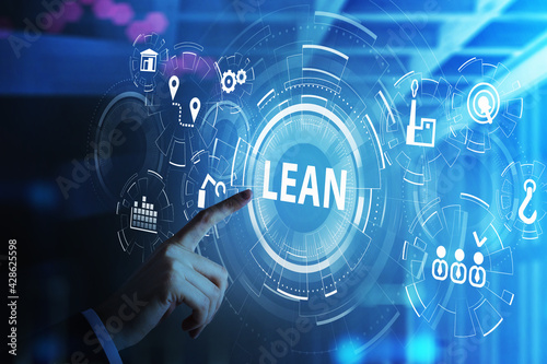 Bild auf Leinwand Businessman hand touching digital glass screen to discover lean quality control and manufacturing process management concept in business, six sigma