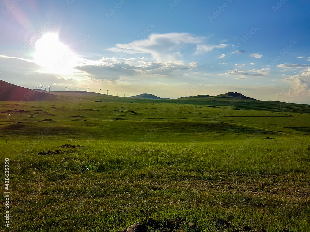 A panoramic view on a hilly landscape of Xilinhot in Inner Mongolia. Endless grassland with a few wildflowers between. The sun starts to set, coloring the sky orange. Blue sky with thick, white clouds