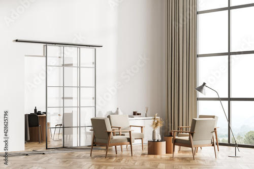 White living room interior with armchairs, window and parquet floor