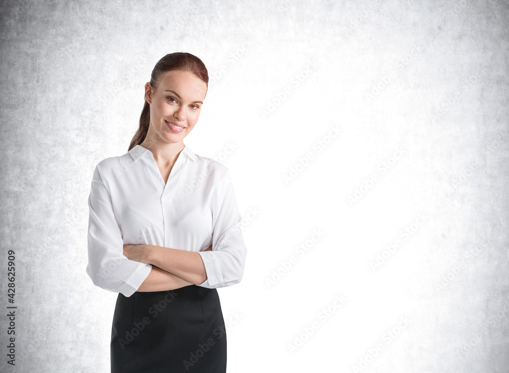 Woman in official clothes standing on grey background, mockup copy space Woman in official clothes standing on grey background, mockup copy space