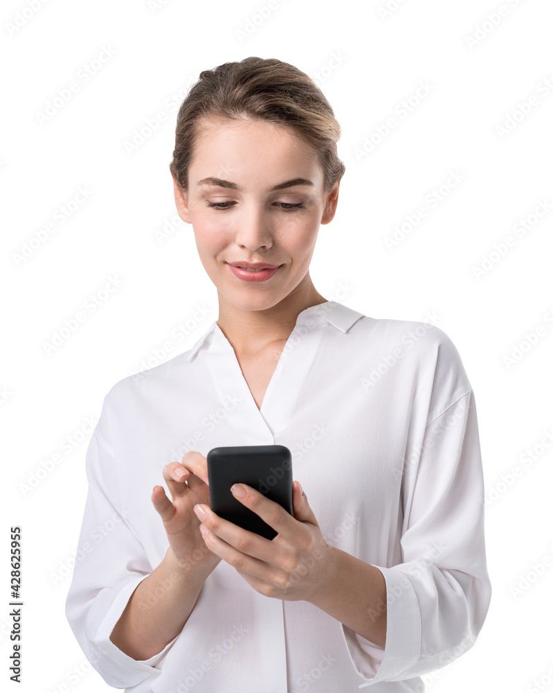 Businesswoman in white shirt with phone, isolated over white background Businesswoman in white shirt with phone, isolated over white background