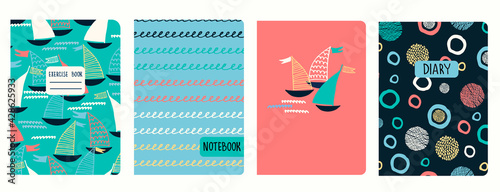 Cover page vector templates with sailing boats, waves, anchors, lifesavers. Headers isolated and replaceable