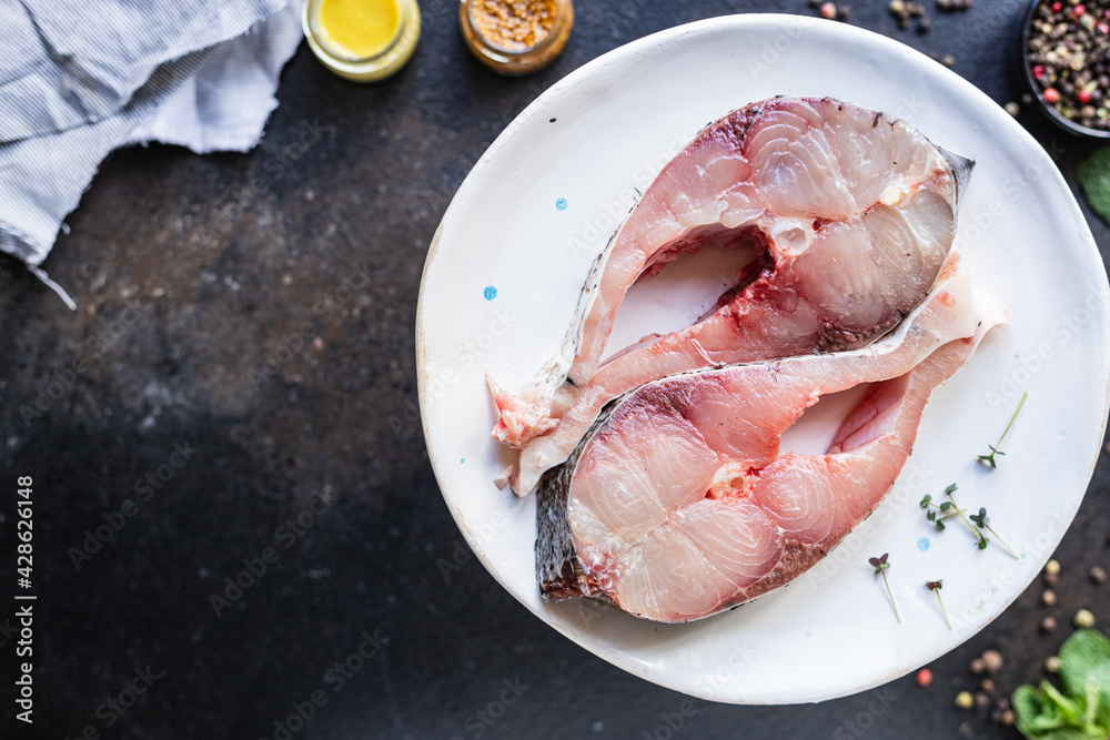 white fish steak silver carp raw seafood healthy food ready to cook snack vegetarian diet meal top view copy space background 