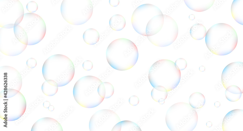 Soap bubbles with rainbow reflection on white background Vector glossy oxygen magic flying balloons