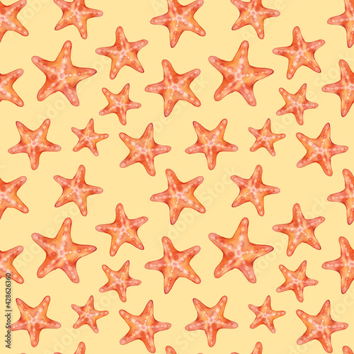 Watercolor seamless pattern with red starfish on a orange background © Anna