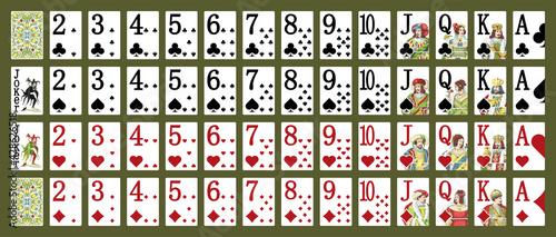 Poker set with isolated cards on green background. Poker playing cards - Full deck