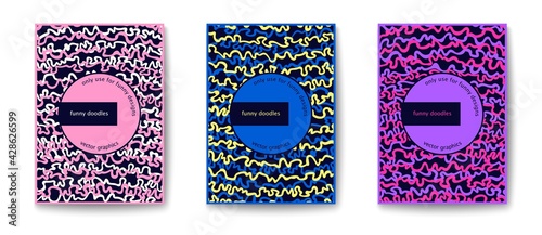 Cheerful and bright covers. Modern style minimalism and primitivism. Painterly linear doodles pattern. Vector poster card