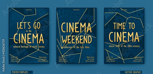 Let's go to the cinema. Ready billboard for the movie theater. Vector linear drawing. Trendy polygonal graphics in comic storyboard style.