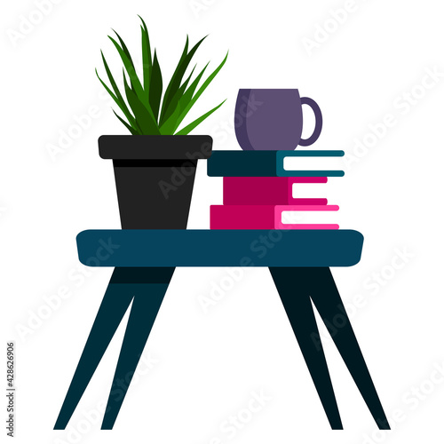 A small table with a stack of books, potted plant and a cup of coffee or tea. Cozy workplace. small table with a stack of books and a flower in a pot. Vector illustration