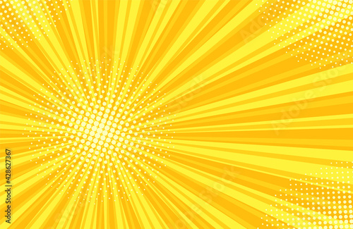 Pop art halftone pattern. Comic starburst background. Yellow duotone texture. Cartoon banner with dots and rays. Vintage gradient wow design. Superhero starburst wallpaper. Vector illustration.