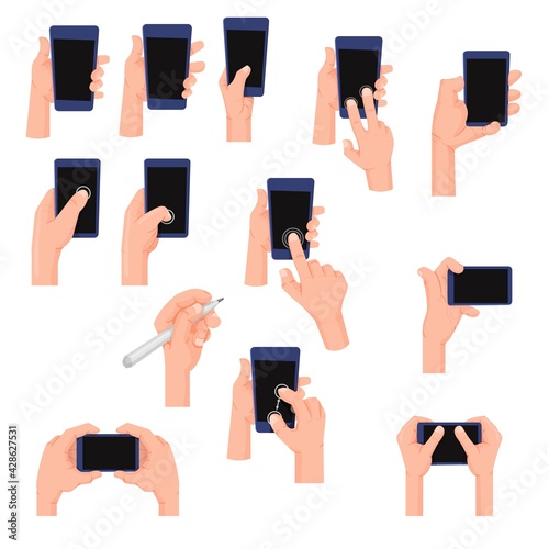 Hands holding a smartphone in different poses, cartoon style