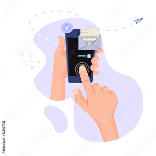 Hands hold smartphone concept for applications, cartoon style.