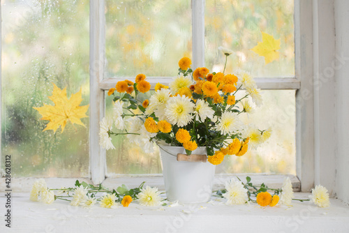 chrysanthemums in vase on windowsill in autumn