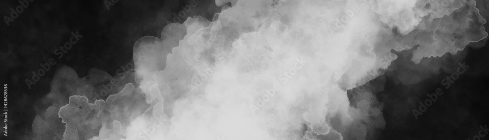 White watercolor smoke or haze on black background in abstract diagonal shaft of light with watercolor fringe bleed texture, abstract clouds