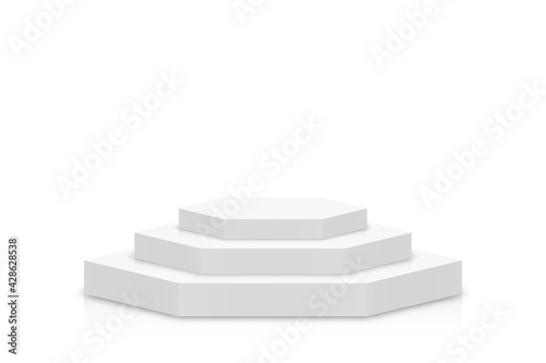 White 3d podium mockup in hexagon shape. Empty stage or pedestal mockup isolated on white background. Podium or platform for award ceremony and product presentation. Vector