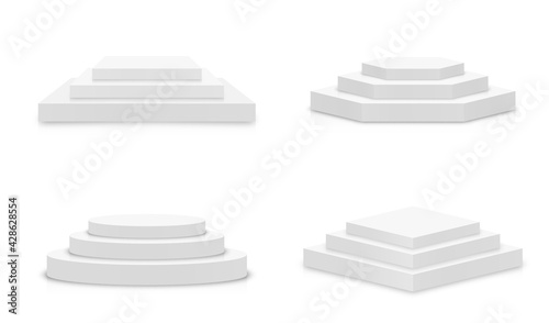 White 3d podium mockup in different shapes. Set of empty stage or pedestal mockups isolated on white background. Podium or platform for award ceremony and product presentation. Vector